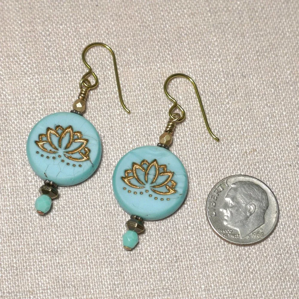 Hand Crafted Handmade Earrings Turquoise & Bronze Lotus Bead Earrings - Picture 3 of 4